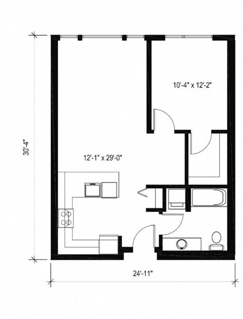 Floor plan for 1 bed, 1 bath, 715 sqft